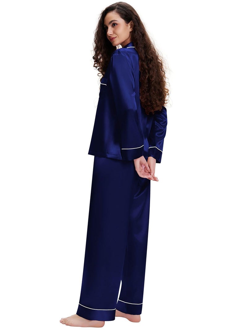 Lonxu Womens Silk Satin Pajamas Set Sleepwear Loungewear Navyblue M - Image 3